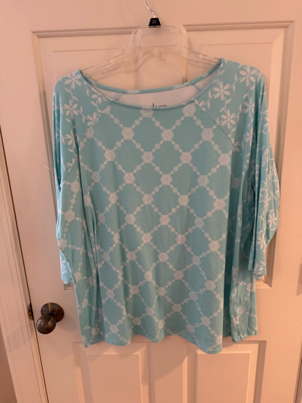 Denim&Co Light Aqua Floral Lattice Long Sleeve Top